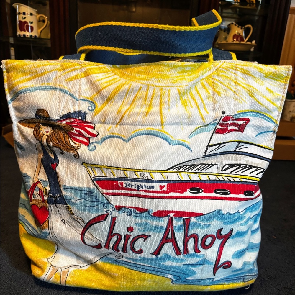 Brighton Canvas Tote Bag Chic Ahoy Nautical Theme Bag Shoulder Hand Painted - Picture 5 of 16